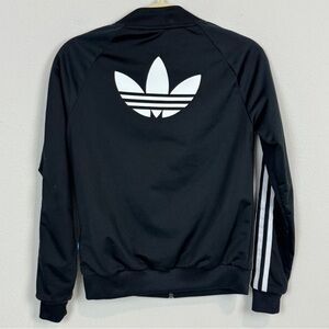 Adidas Women’s Black Track Trefoil Full Zip Stripe Sleeve Jacket XS Logo on Back